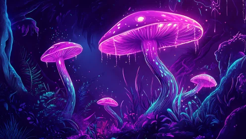 Neon bioluminescent mushrooms illuminate stylized alien forest