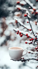 Snow covered berry branches framing steaming winter coffee