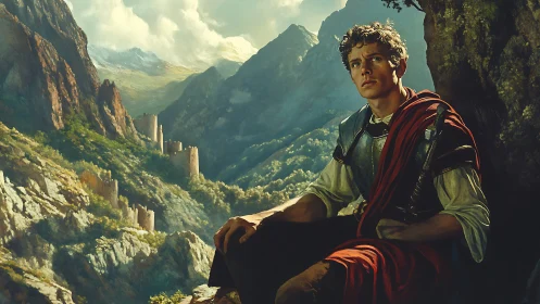 Young daydreaming hero resting above sunlit mountain ruins.