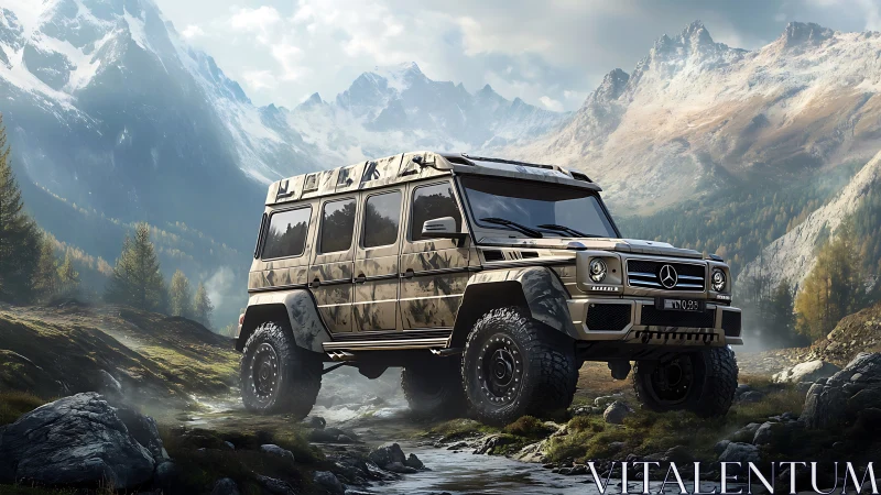 Camouflaged off-road SUV is positioned in a rocky alpine valley