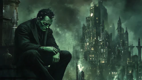 Melancholic creature overlooks dense neo‑gothic industrial cityscape