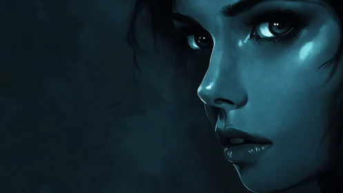 Moody teal side-lit portrait with intense female gaze profile.