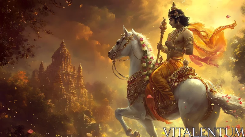 Divine warrior on white stallion before illuminated temple city