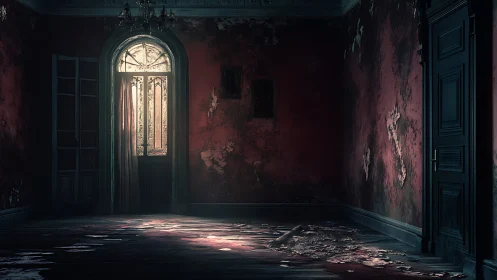 Decaying corridor with backlit doorway and peeling red walls.