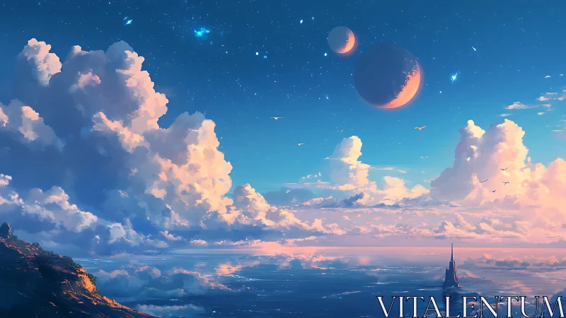 Fantasy sky seascape with clouds, moons and lone spire.