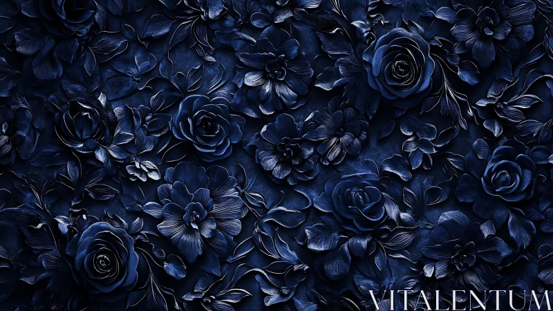 Indigo Floral Relief Composition with Layered Textural Dimensional Sculpting
