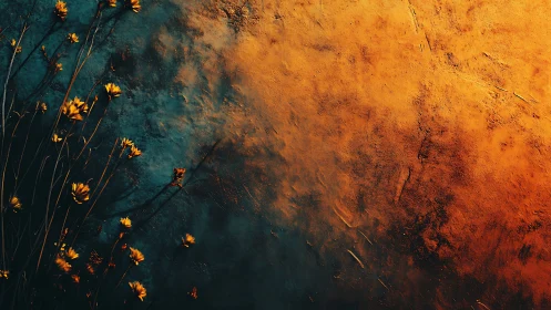 Chromatic Gradient Transition: Teal-to-Orange Textural Palimpsest with Botanical Elements.