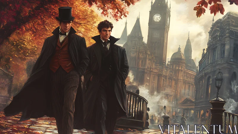 Victorian detectives traversing smog-dense autumn London streets.