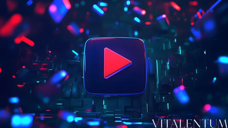 Futuristic Play Button Icon in Neon 3D Digital Art Style.