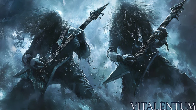 Storm-lit metal guitarists unleashing a thunderous duet.