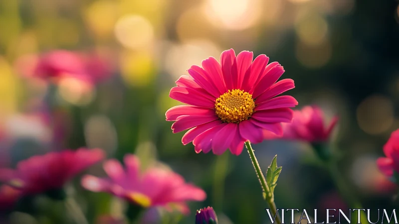Macro telephoto close-up of vivid pink daisy in sunset bokeh