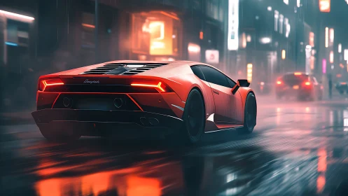Red supercar racing through neon city streets at night.