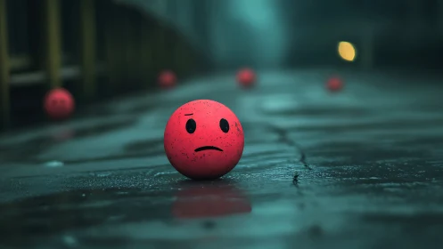 Gentle red emoji ball wondering on a rainy city street.