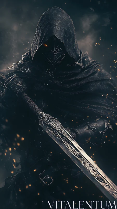 Hooded duskblade leans into darkness with embers swirling