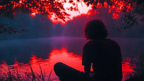 Silhouette by vivid red lake under evening foliage glow.