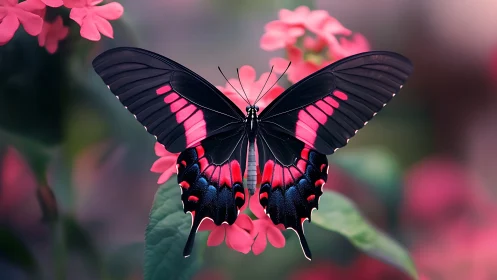 Black butterfly with vivid pink wings on soft blossoms.