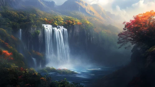 Mist-kissed mountain waterfall pours into a hidden forest lake
