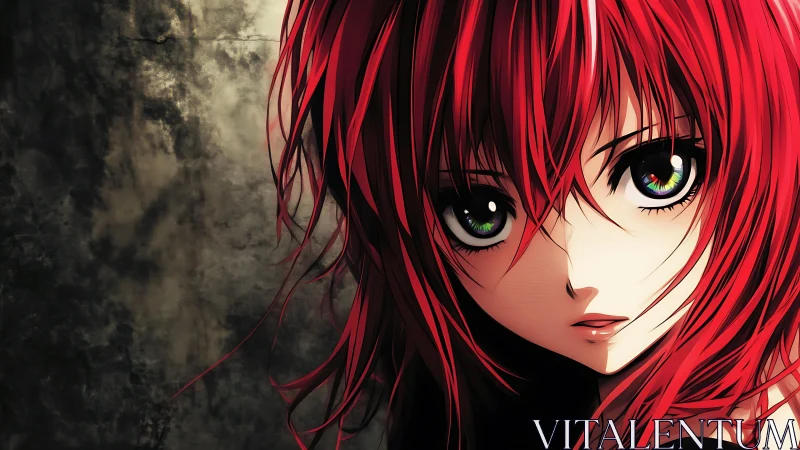 Crimson haired anime girl framed by dark textured wall.