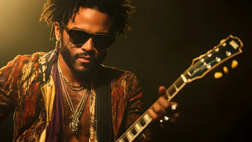 Guitarist in golden stage light with rich textured jacket.