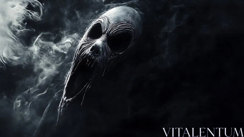 Spectral skull entity emerges from volumetric smoke in deep shadow