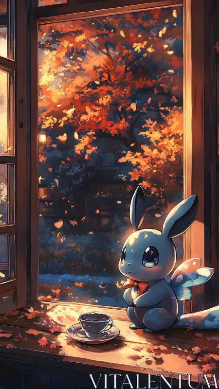 Cartoon creature sits by autumn window with cup of tea