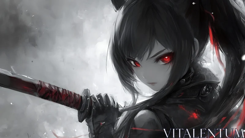 Monochrome anime swordswoman with red accent lighting