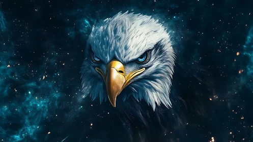 Majestic Bald Eagle Head in Cosmic Digital Art Style.