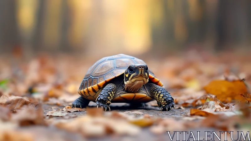 Autumn forest turtle on leaf-strewn path in soft bokeh light.