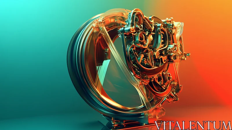 Translucent mechanoid gyroscope rendered in dual-color light