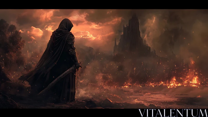 Hooded warrior surveys burning citadel under infernal sky.