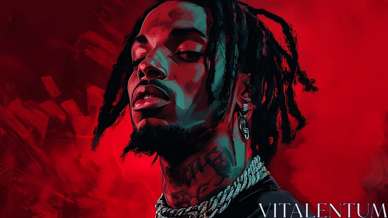 High-contrast digital portrait with neon cyan rim lighting on red