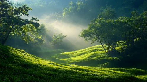 Luminous Valley Landscape with Crepuscular Rays and Forest Canopy
