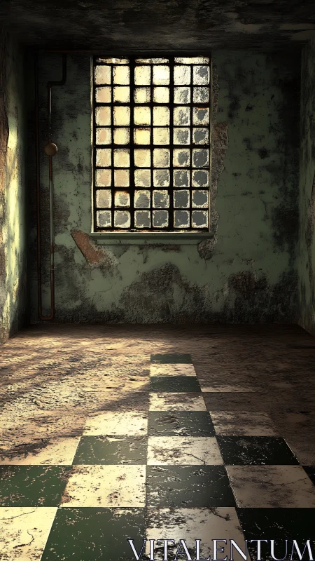 Dilapidated tiled room with grid window and worn plaster walls.