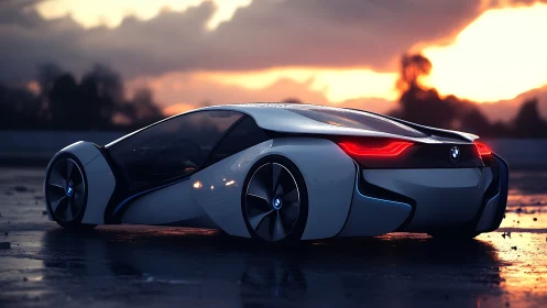 Futuristic BMW concept coupe on wet asphalt at sunset.