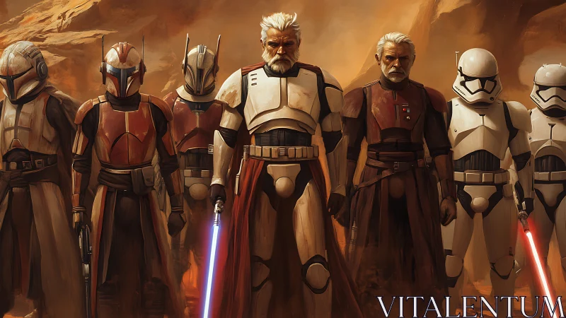 Armored desert strike team with dual lightsaber command presence.