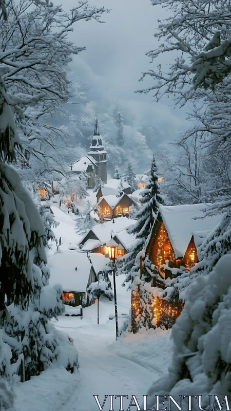 Snowbound alpine village glows under soft atmospheric dusk light