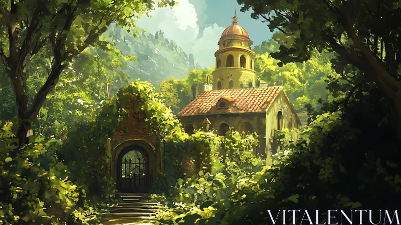 Digital painting of overgrown hillside chapel with tiled dome.