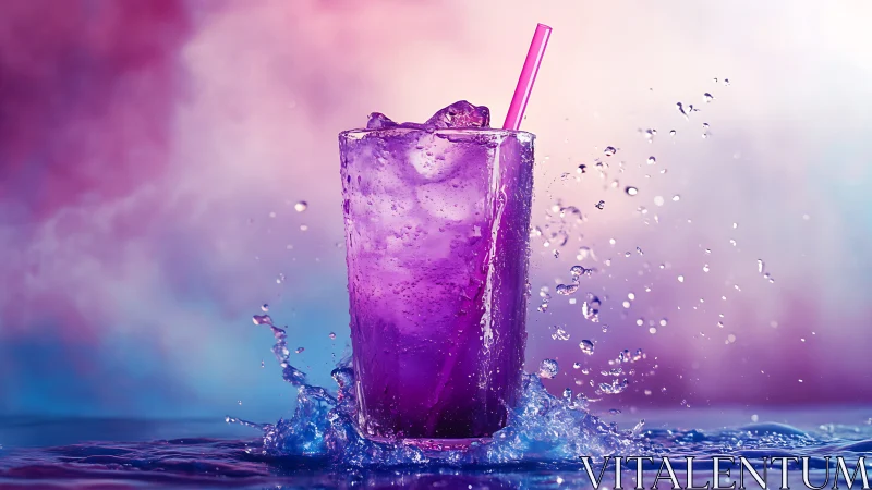 Purple Beverage with Ice and Straw in Dynamic Water Splash.