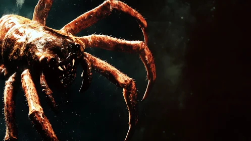 Giant spider lunges from darkness in dramatic horror lighting