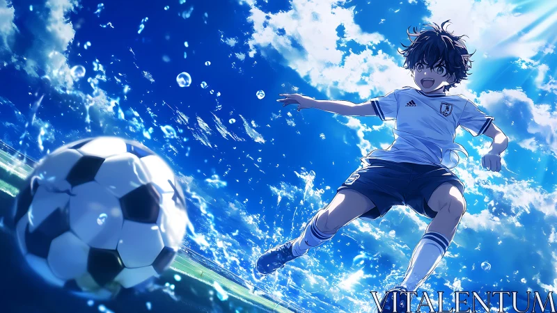 Energetic anime soccer kid kicking ball under bright sky.