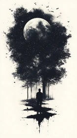 Moonlit ink-forest swallows a lone silhouette in midnight hush