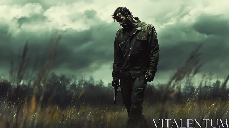 Weathered wanderer under stormy skies, lost in thought.