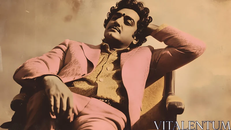 Velvet dreamer reclines in rose suit under sepia skies