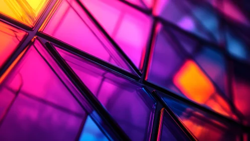 Vibrant geometric stained glass abstract with neon color palette.