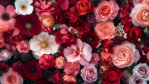 Abundant Floral Arrangement with Red, Pink, and White Blooms.