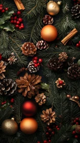 Festive evergreen tapestry with pinecones, berries, and baubles.