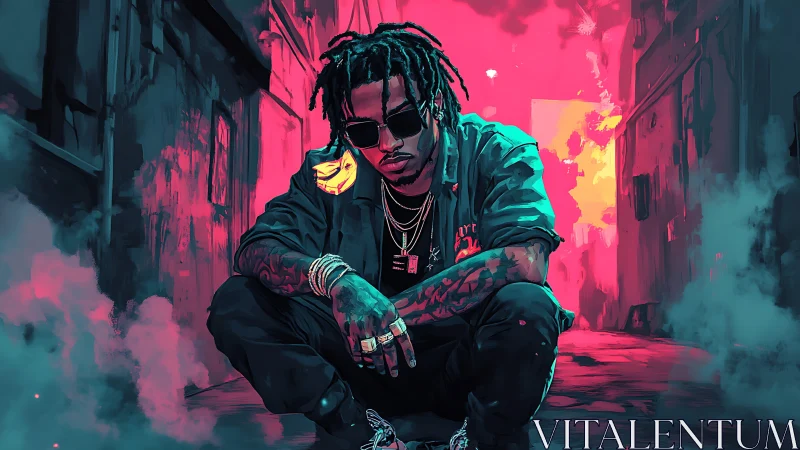 Neon-lit alley king crouches in electric vapor haze.