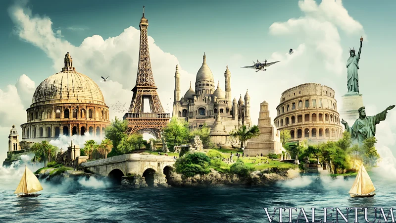 Iconic global monuments composited on a unified coastal island landscape