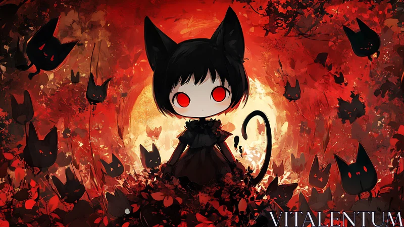 Red-eyed cat girl stands before a burning moonlit forest