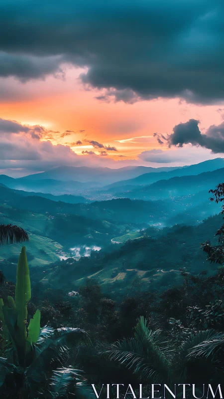 Sunrise mist over emerald mountain valleys and rolling hills.